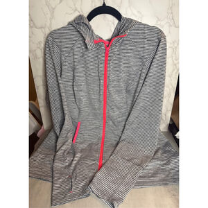 Women's Unbranded Gray Striped Hoodie with Pink Zipper XXL